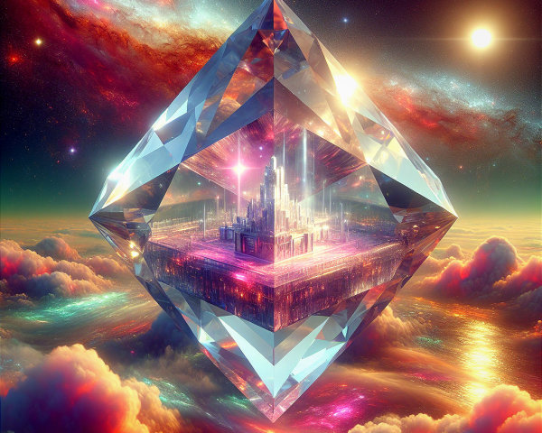 Crystalline Structure Above Colorful Clouds and Galaxies