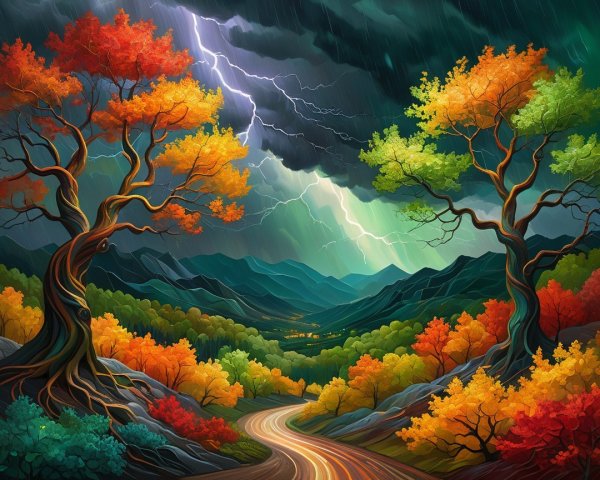 Vibrant landscape with trees and stormy sky elements