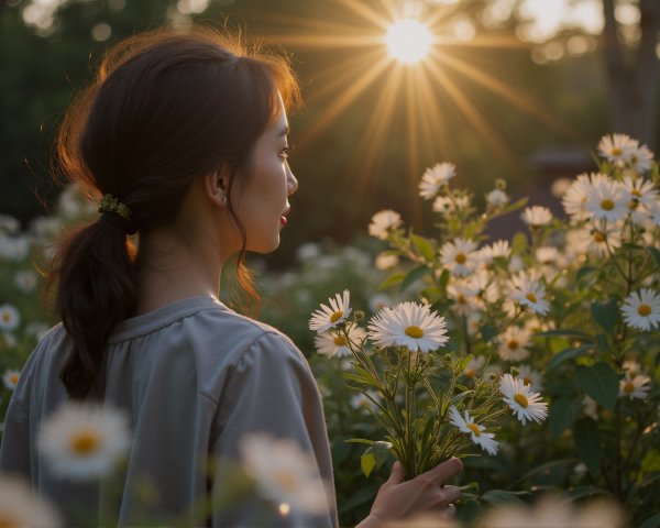 Woman in a field of daisies with a flower bouquet