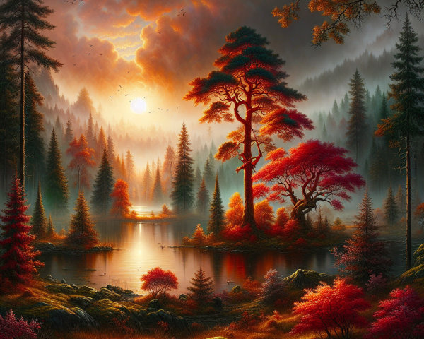 Vibrant Sunset Over Tranquil Lake and Forest Landscape