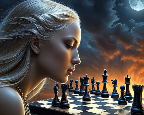 Woman Contemplating Chessboard at Twilight Scene