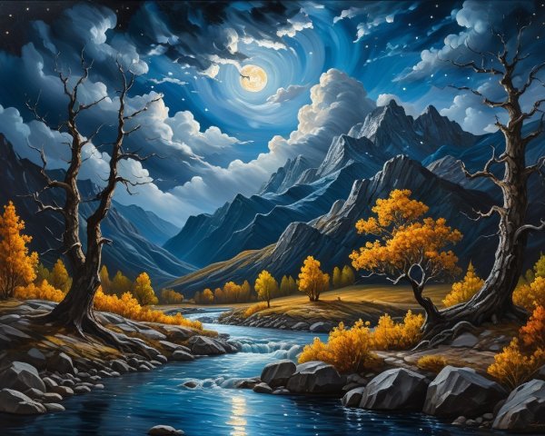 Moonlit Landscape with Mountains and Autumn Foliage