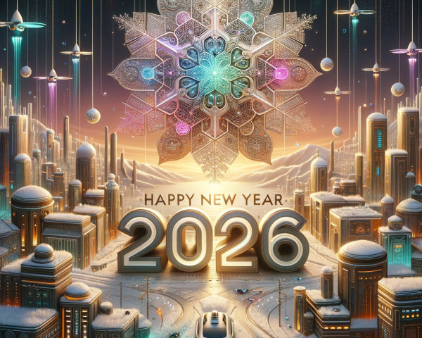 Futuristic New Year's City Scene with Snow and Mandala