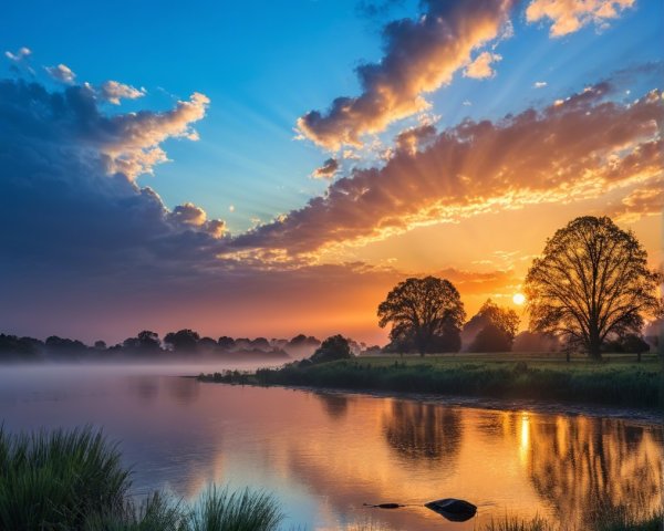 Serene Sunset Landscape with River and Silhouetted Trees
