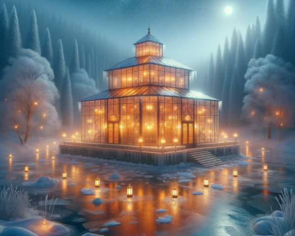 Glass Greenhouse in Snowy Landscape at Night