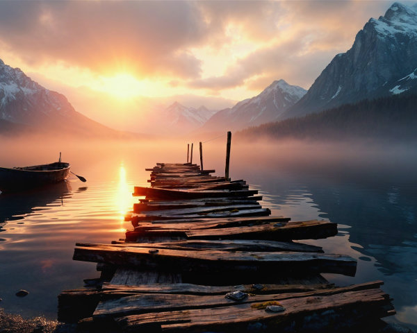 Serene lake at sunrise with mountains and pier