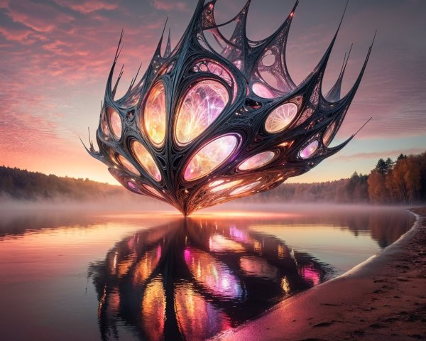 Surreal Structure Above Tranquil Lake at Sunset