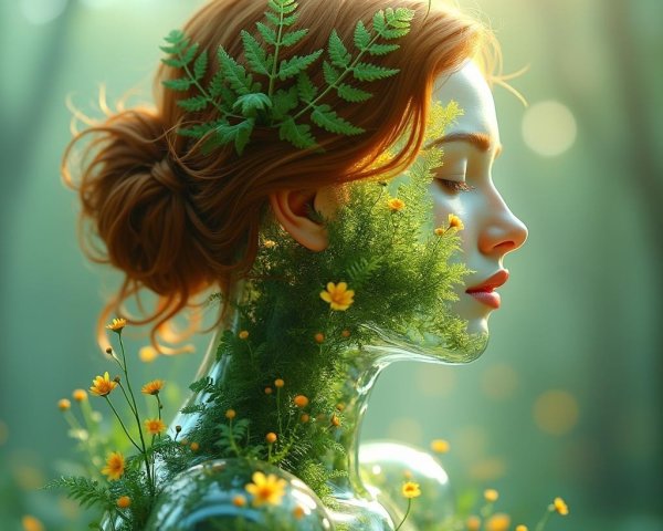 Serene Figure in Lush Forest with Nature Elements