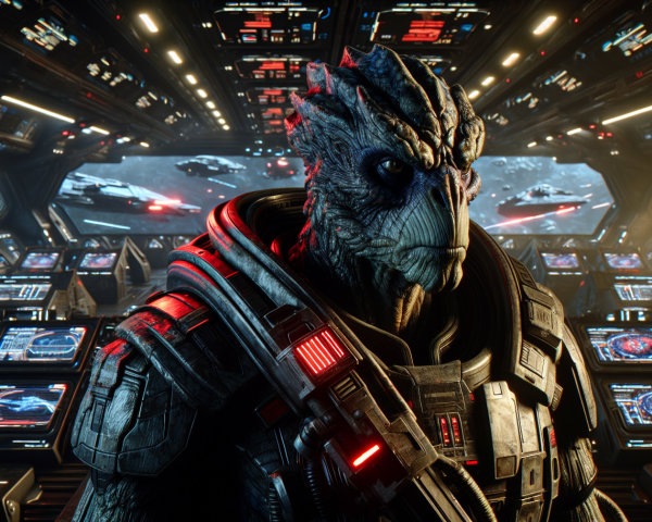 Futuristic Alien Character on High-Tech Spaceship Bridge