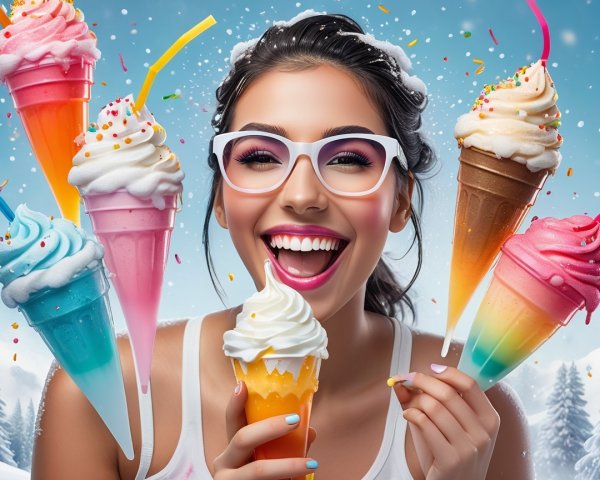 Cheerful woman with ice cream cones in winter setting