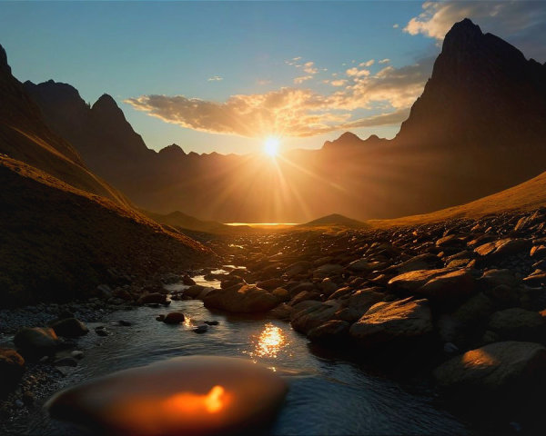 Sunrise Landscape with Mountains and Gentle Stream