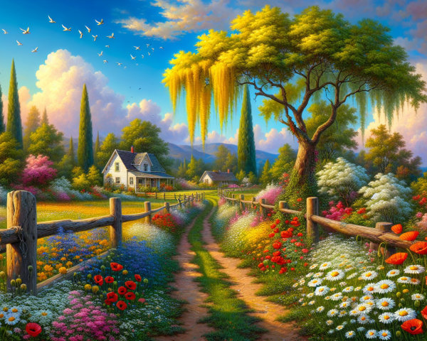 Countryside Scene with Wildflowers and Cottage