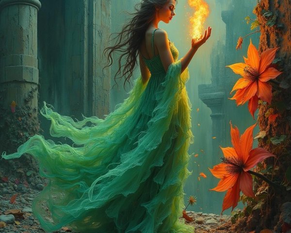 Mystical Figure in Green Gown in Enchanted Ruins