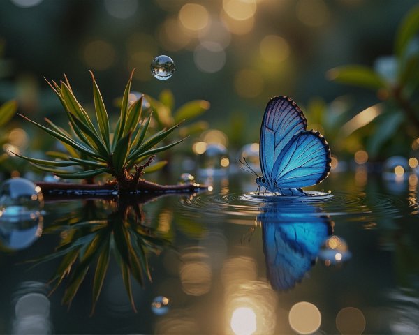 Blue Butterfly on Water with Ripples and Reflection