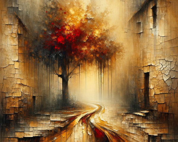 Serene landscape with winding path and vibrant tree