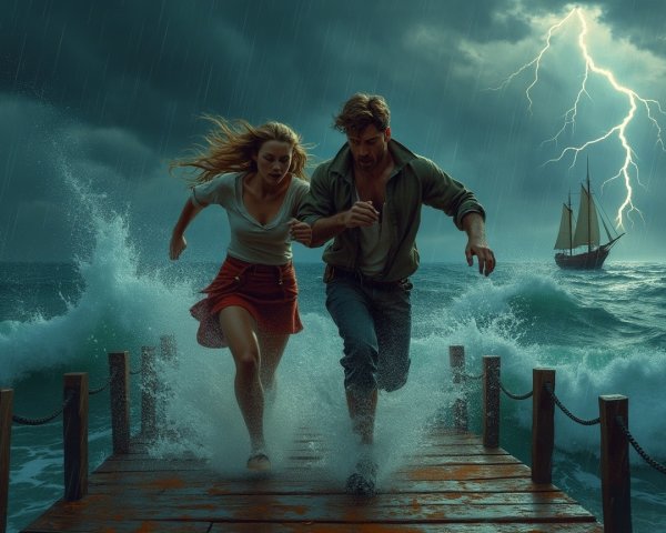 Dramatic Scene of Escape on a Stormy Pier