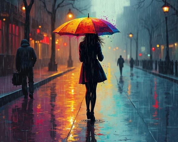 Lone Figure with Colorful Umbrella on Rainy Street