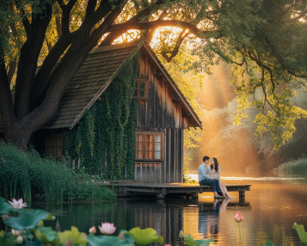 Romantic Lakeside Cottage with Young Couple at Sunset