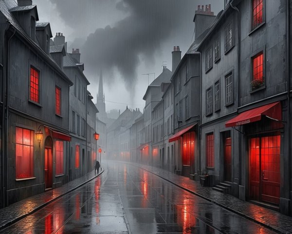 Moody Street Scene with Rain-Slicked Cobblestones