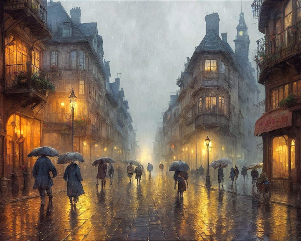 Rainy Evening in a European City with Umbrellas