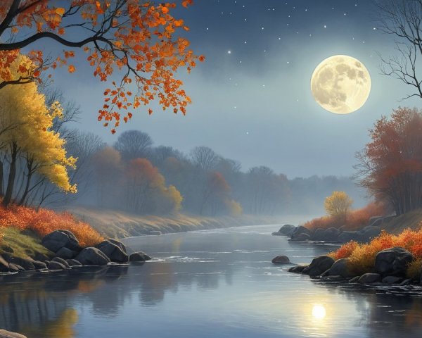 Serene River in Autumn Landscape Under Moonlight