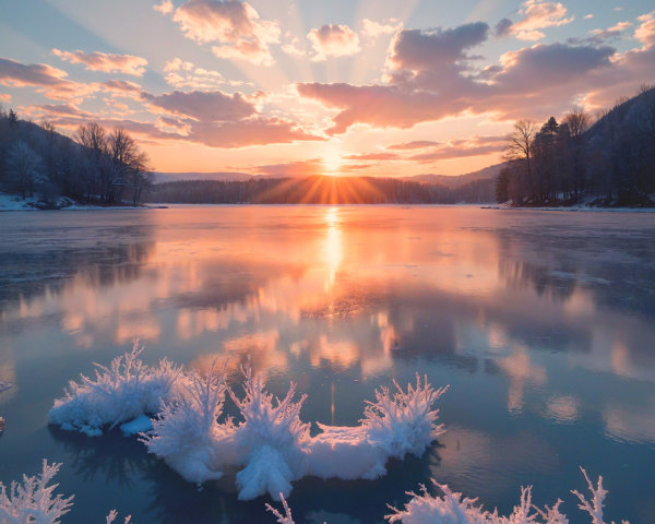 Serene Winter Landscape with Tranquil Lake at Sunrise