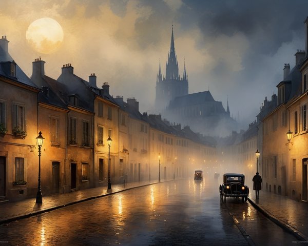 European Street at Dusk with Full Moon and Vintage Cars