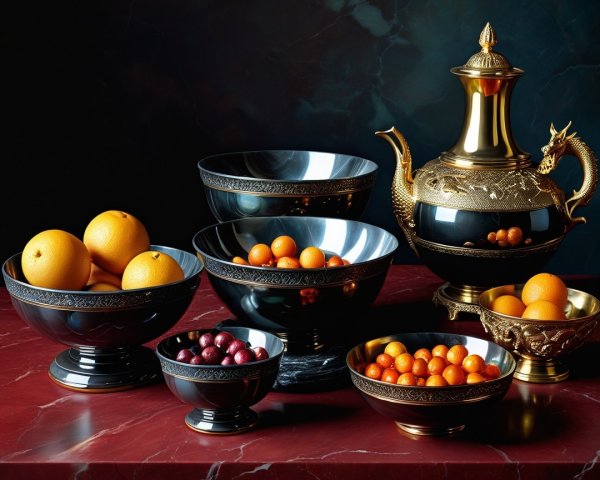 Black and Gold Bowls with Fruits on Red Marble Surface