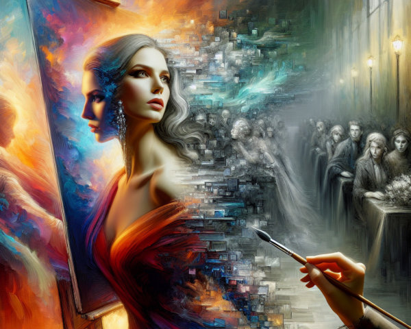 Surreal Scene of a Woman and Her Colorful Artwork