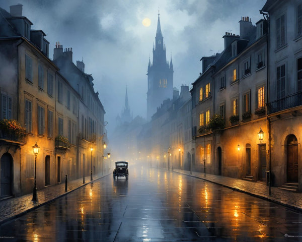 Foggy Evening Streetscape with Cobblestone Roads