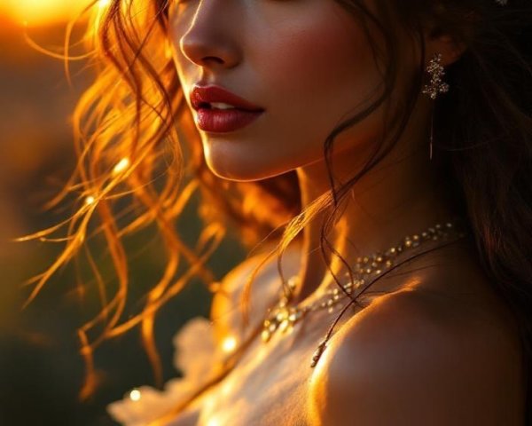 Close-Up of a Woman in Lace Dress at Sunset