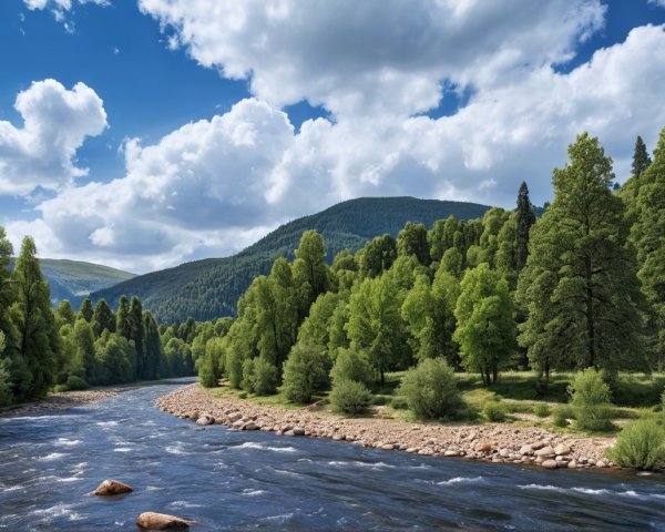Serene River in Lush Green Landscape with Mountains