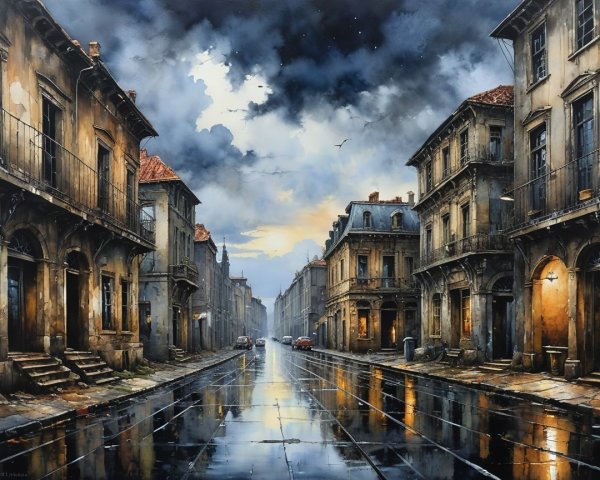 Detailed Painting of an Old Street with Dramatic Sky