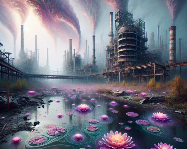 Surreal Industrial Landscape with Vibrant Sky and Water