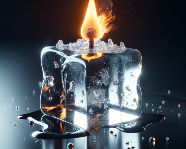 Ice Cube with Lit Match on Reflective Surface
