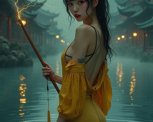 Young woman in yellow outfit in misty serene setting