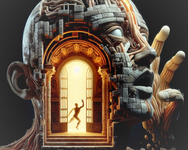Surreal Human Head Sculpture with Inner Doorway