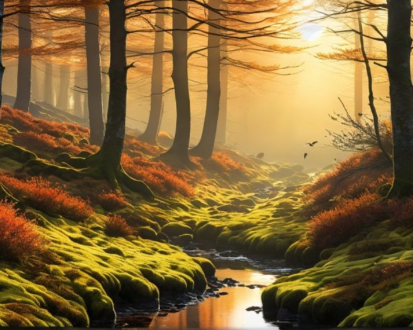 Tranquil Forest Scene with Golden Sunrise Light
