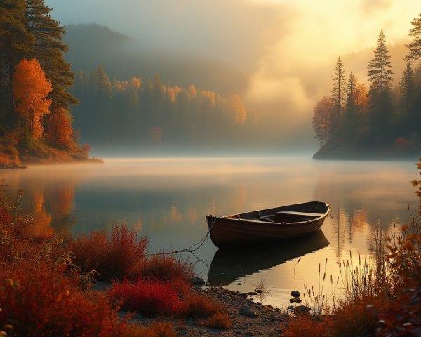 Dawn at a Misty Lake with Autumn Foliage and Boat