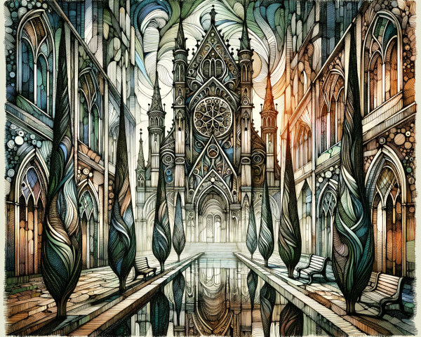 Surreal Architectural Scene with Grand Cathedral Elements