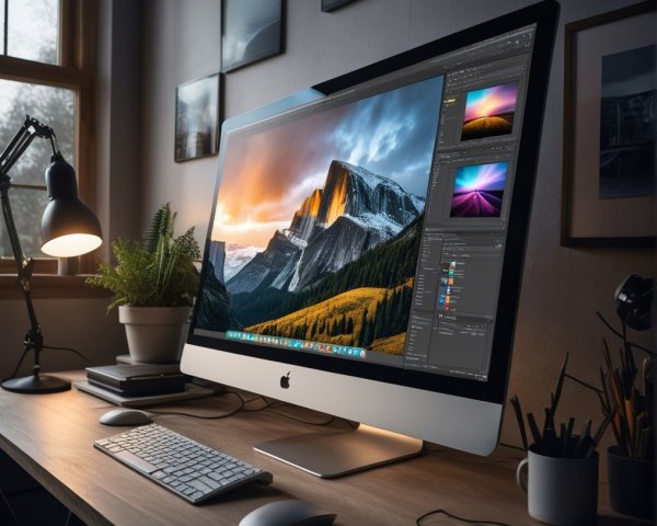 Sleek Apple iMac on Wooden Desk with Vibrant Display