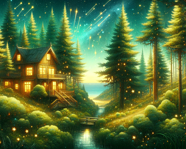 Cozy Wooden Cabin Under Starry Sky and Waterway