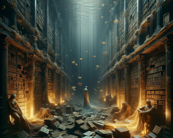 Submerged Library with Floating Books and Soft Light