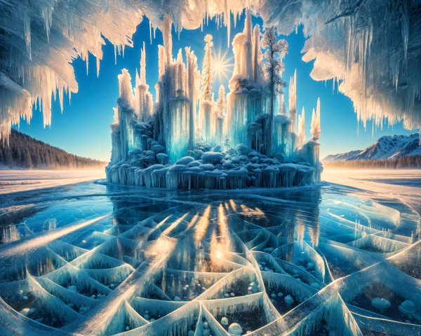 Winter Landscape with Ice Formations and Blue Sky