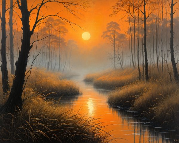 Serene Sunrise Landscape with Misty River and Trees