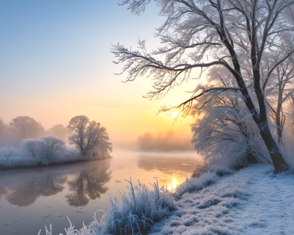 Serene Winter Landscape with Frost-Covered River