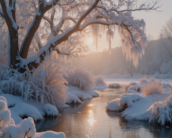 Serene Winter Landscape with Snow-Covered Tree