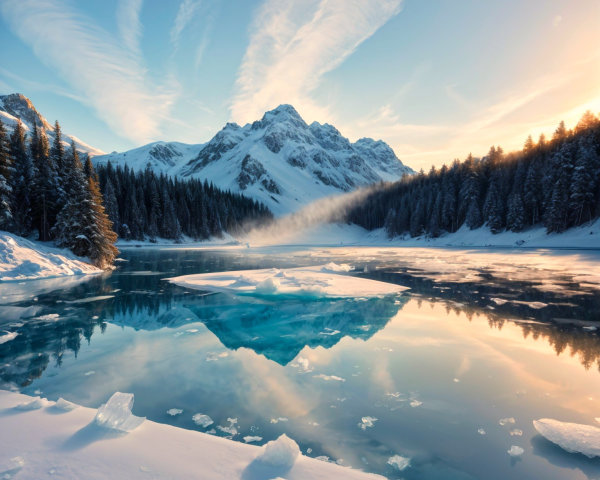 Serene Winter Landscape with Tranquil Lake and Mountains