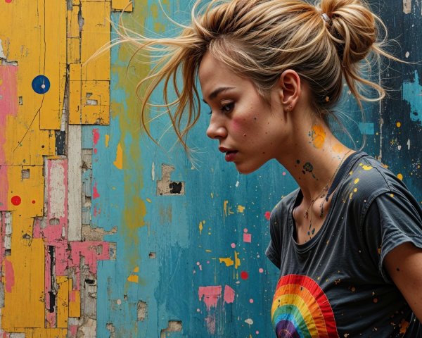 Young Woman in Profile Against Colorful Wall