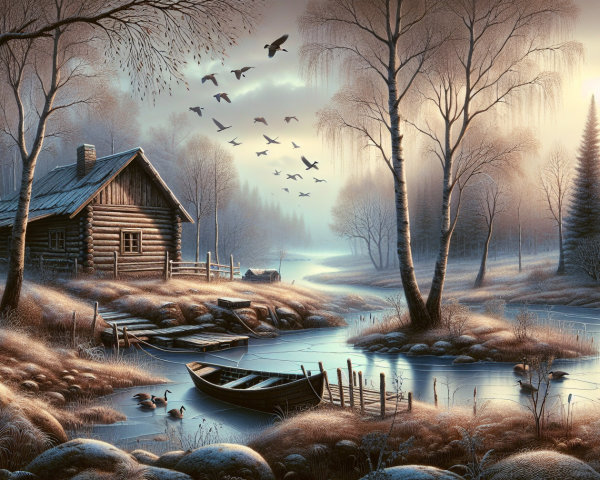 Serene Winter Scene with Cabin and Tranquil River